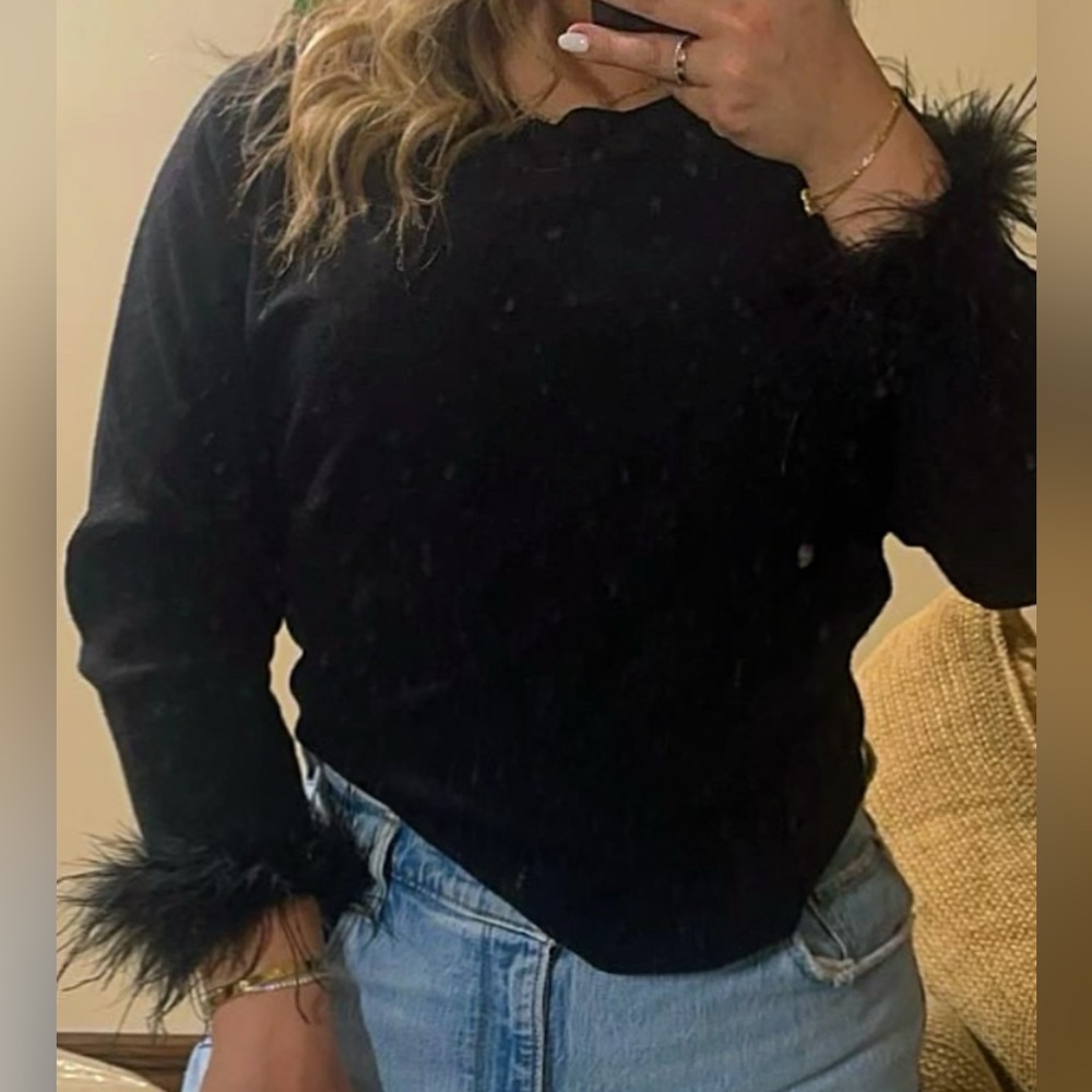 Feather Trim Knit Sweater Top